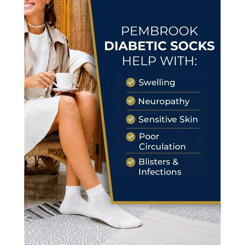 Pembrook Men's White Diabetic Socks Women Wide Stretch LARGE, WHITE - 6 PAIRS